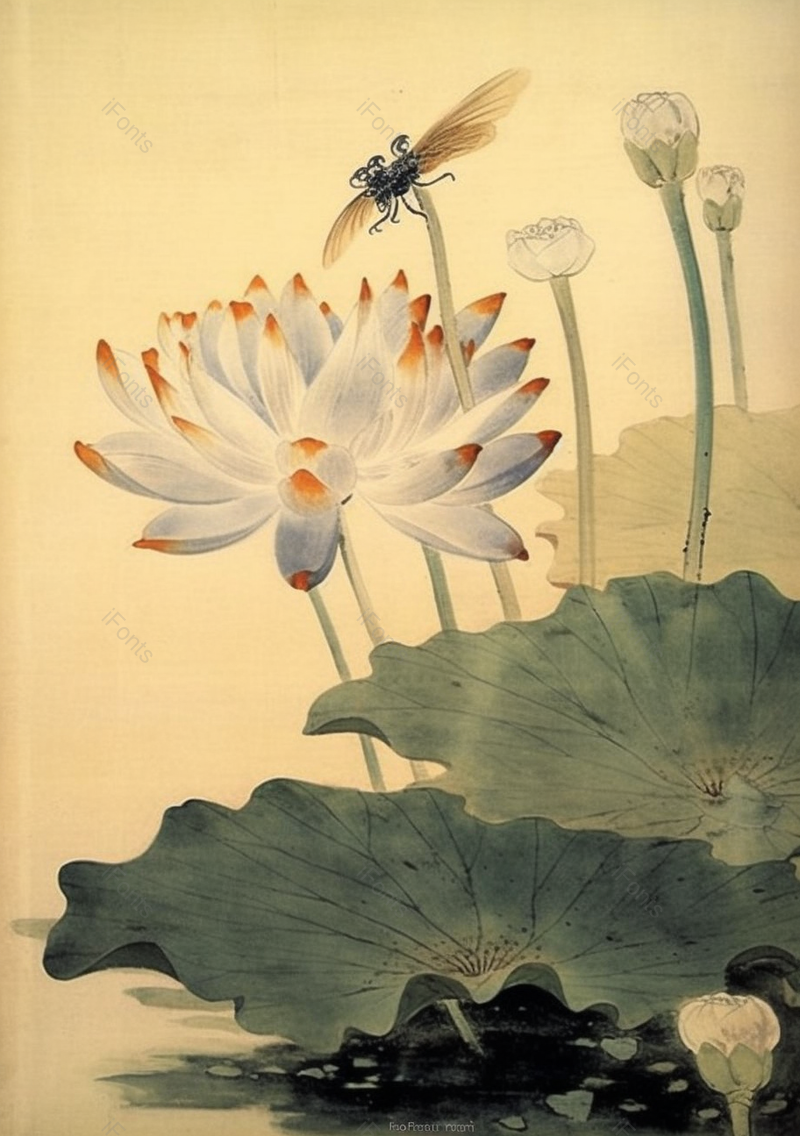 绿色复古古典池塘荷叶荷花胡蝶背景,插画/手绘图,插画/手绘图库,插画/手绘图下载,插画/手绘